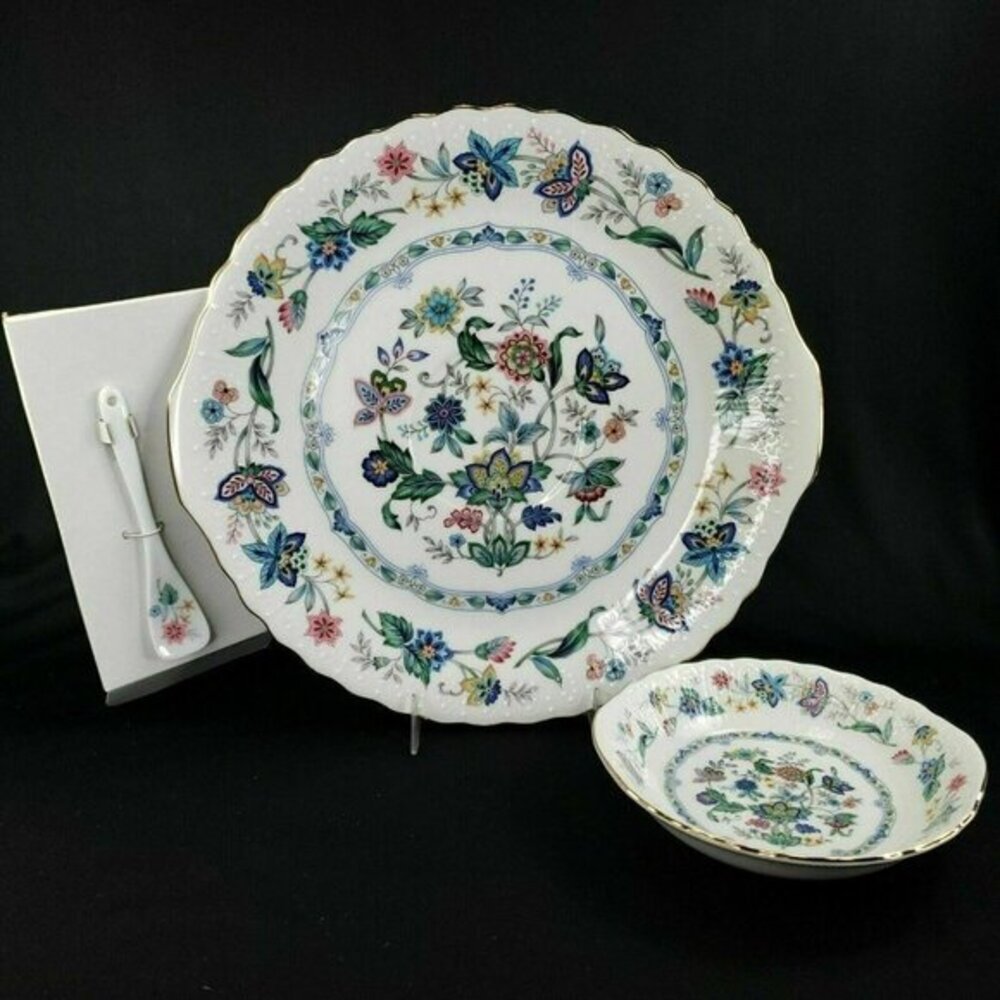 Sadek India Garden Party Serving Chip Dip 3 Piece Set Scalloped Floral Gold Trim
